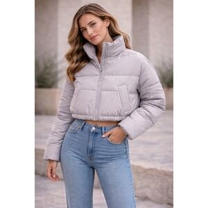 Hollister Cropped Puffer Jacket Size S‎ Light Grey Full Zip Recycled Fill Coat